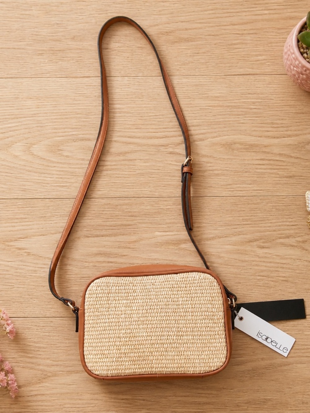 Isabelle Tan Straw Crossbody Bag